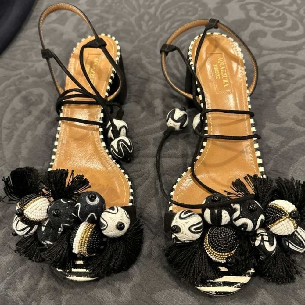 Aquazzura Black/White Suede Bead Pom Pom Block Heel Ankle Wrap Sandals Size 38